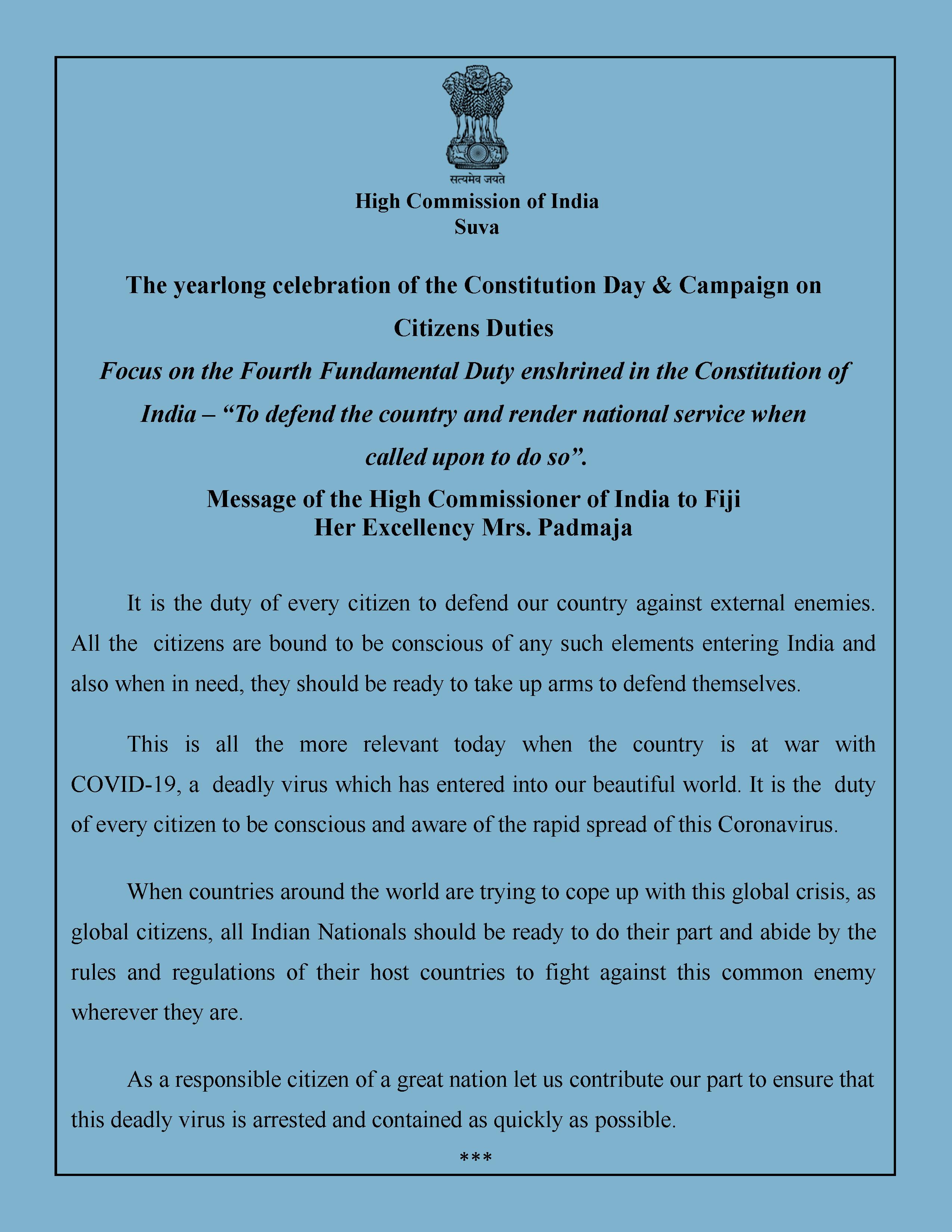 Message of the High Commissioner in connection with Constitution Day & Campaign on Citizens Duties