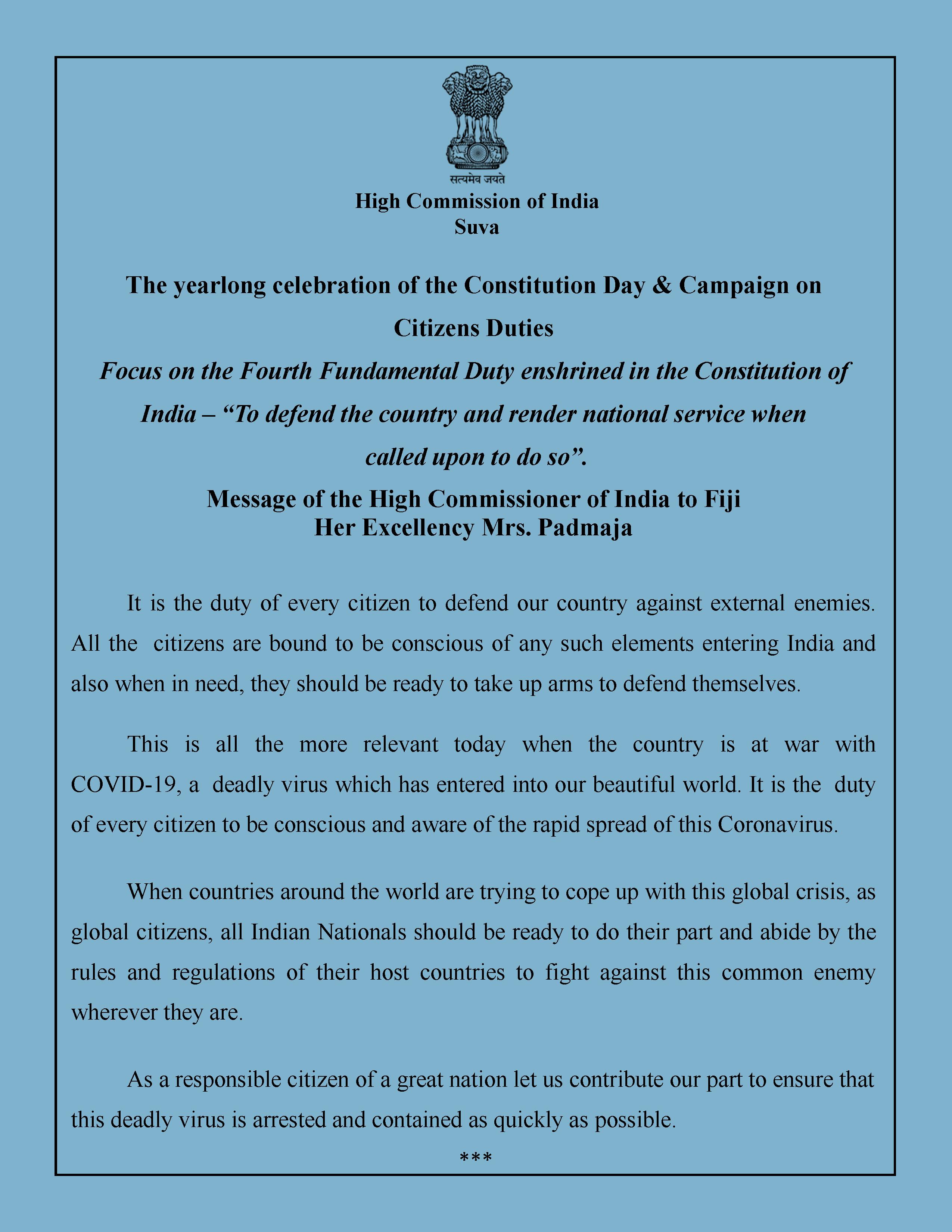 Message of the High Commissioner in connection with Constitution Day & Campaign on Citizens Duties
