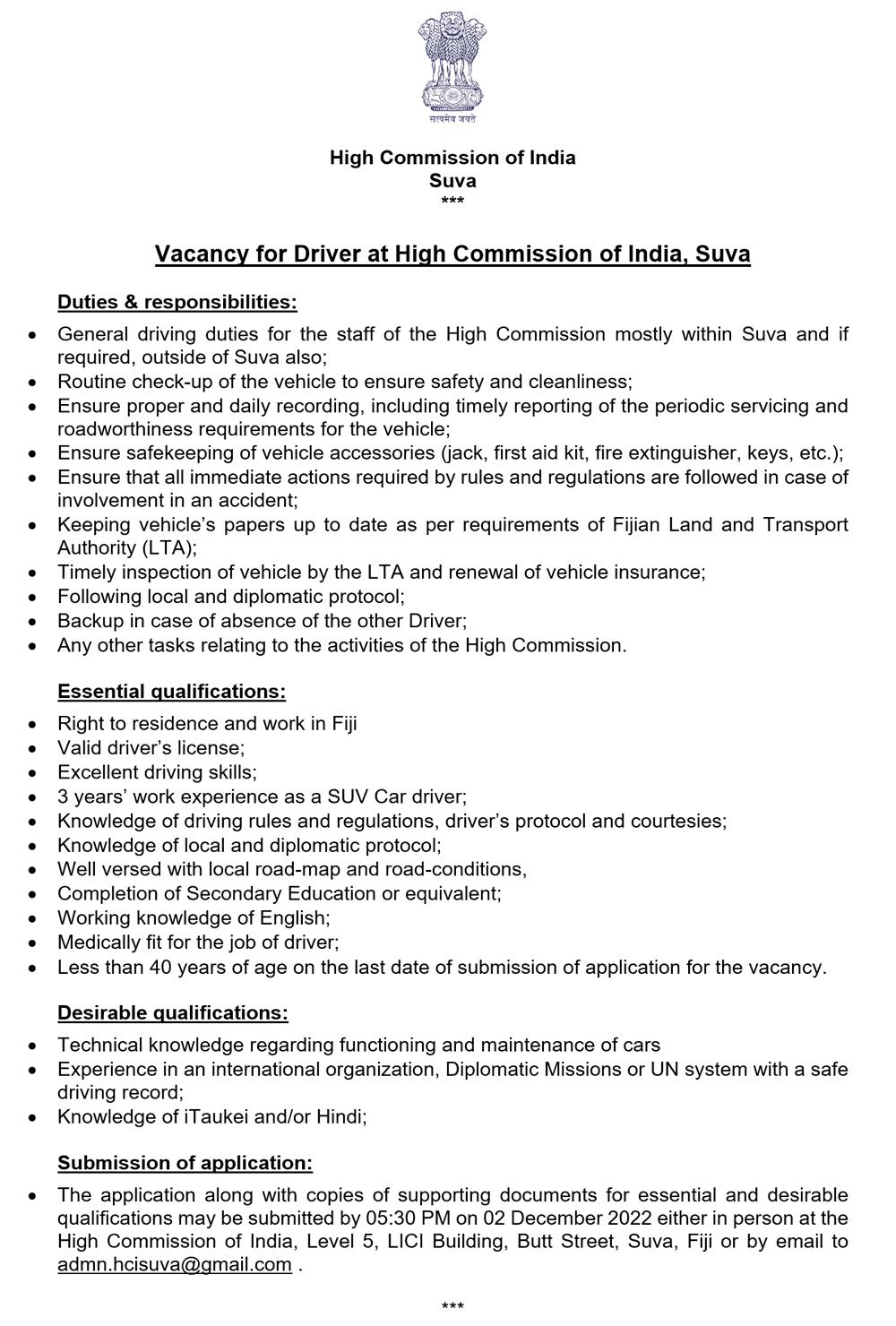 Vacancy  for Driver at High Commission of India in Suva
