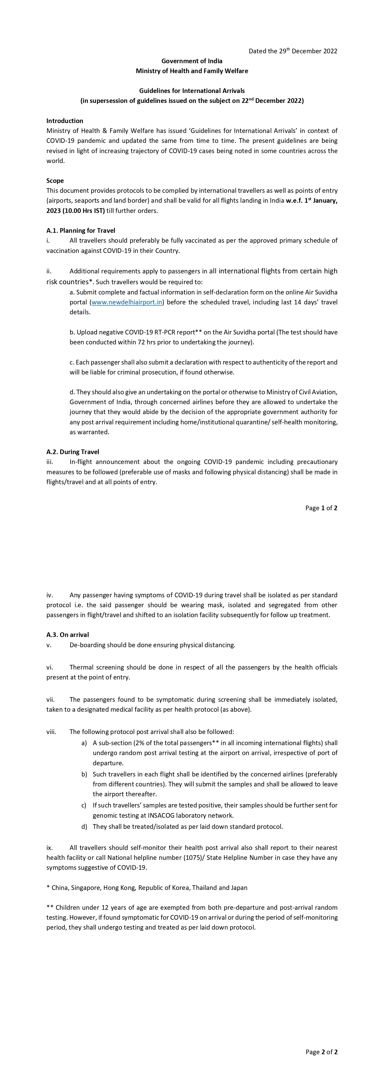 Revised Guidelines for International Arrivals in India dated 29 December 2022