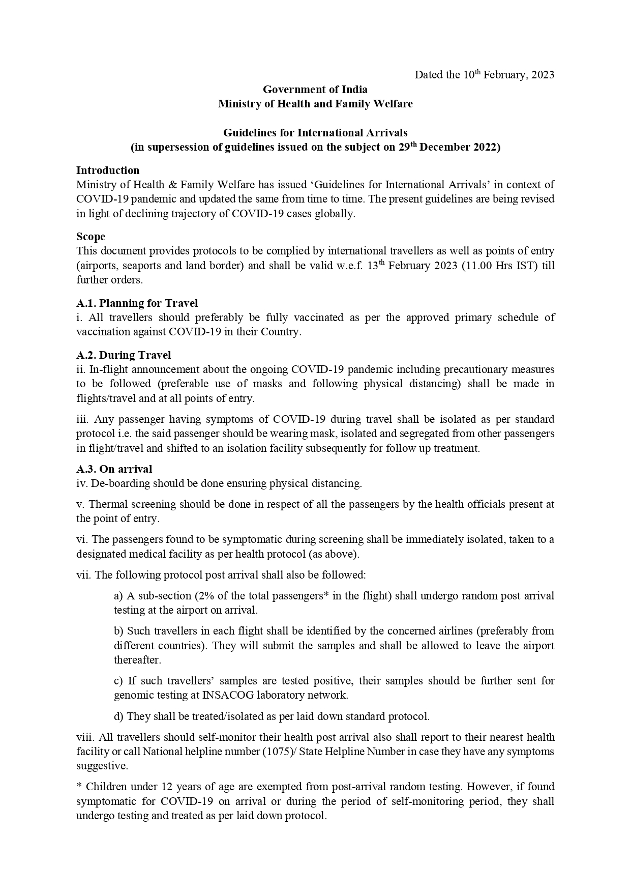 Revised Guidelines for International Arrivals in India dated 10 February 2023