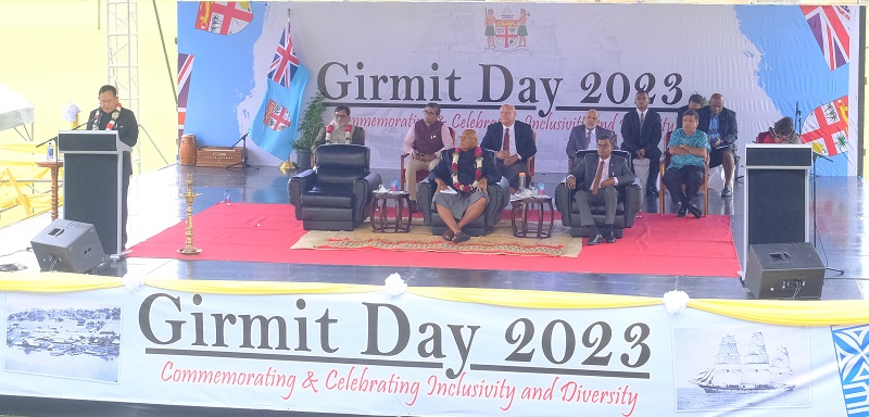 The Minister of State for External Affairs, Hon. Rajkumar Ranjan Singh delivering his speech at the Girmit Day 2023 celebration held at the Albert Park, Suva, Fiji on 15.05.2023.
