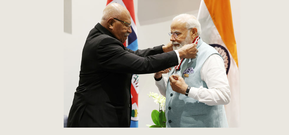 Prime Minister of India, Hon. Narendra Modi being conferred with Fiji's highest honor - Companion of the Order of Fiji (CF), by the Prime Minister of the Republic of Fiji, Hon. Sitiveni Rabuka on 22 May, 2023.