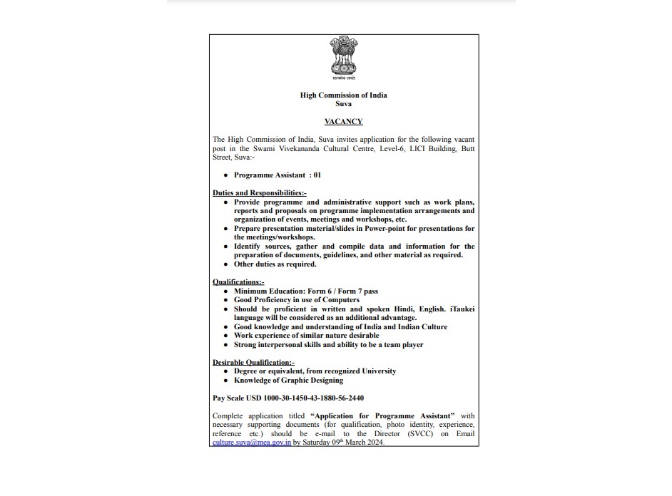 Vacancy Advertisement for Programme Assistant (SVCC)